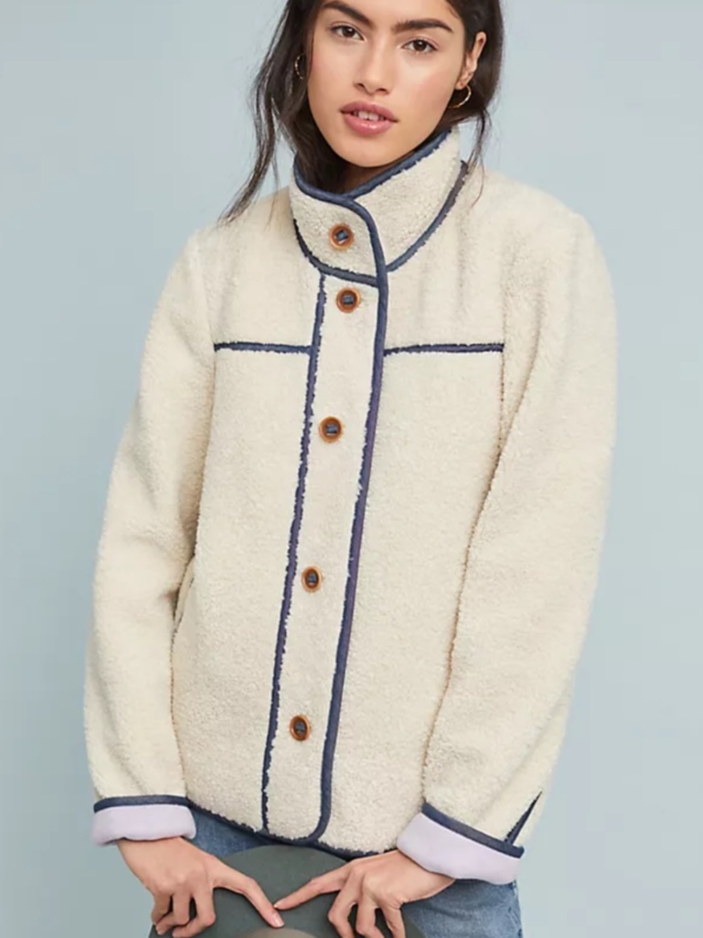 Anthropologie Cozy Cream Sherpa Button-Up Jacket with Navy Trim ladies L NWT